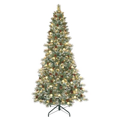 Puleo 7.5' Pre-Lit LED Full Carolina Pine Artificial Christmas Tree White Lights: Warm LED, Hinged Branches