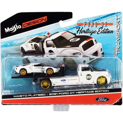 2021 Ford GT #98 Heritage Edition with Flatbed Truck White and Black "Elite Transport" Series 1/64 Diecast Model Cars by Maisto