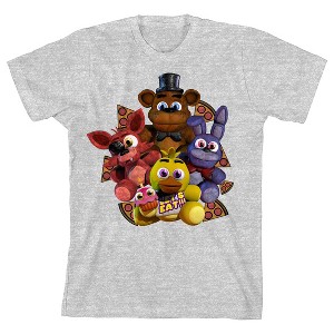 Five Nights At Freddy's Plush Characters Group Short Youth Atheltic Heather Crew Neck Short Sleeve T-shirt - 1 of 2