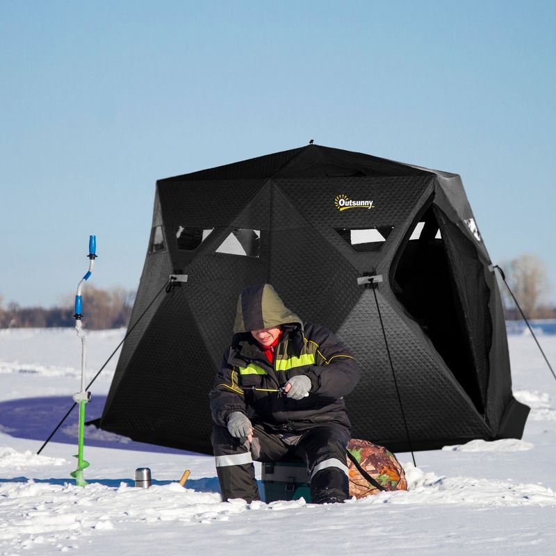 Outsunny 4 Person Insulated Ice Fishing Shelter 360-Degree View, Pop-Up Portable Ice Fishing Tent with Carry Bag, Two Doors and Anchors, Black, 3 of 7
