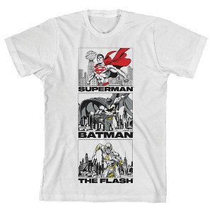 Justice League Superman Batman Flash City Line Art White T-Shirt Toddler Boy to Youth Boy - 1 of 3