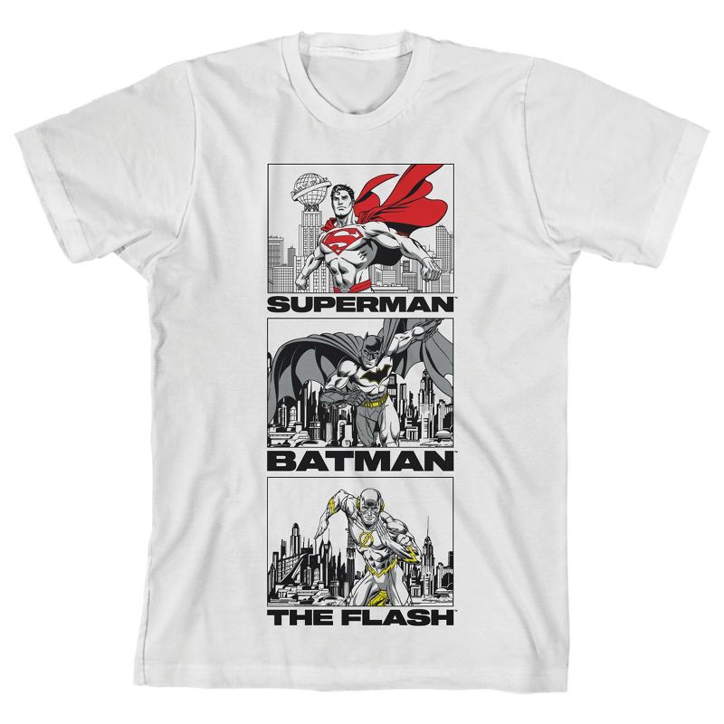 Justice League Superman Batman Flash City Line Art White T-Shirt Toddler Boy to Youth Boy, 1 of 4