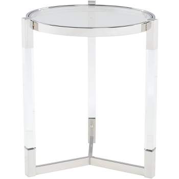 55 Downing Street Darla Modern Metal Round Accent Table 19" Wide Silver Glass Tabletop Clear Acrylic Frame for Living Room Bedroom Bedside Entryway