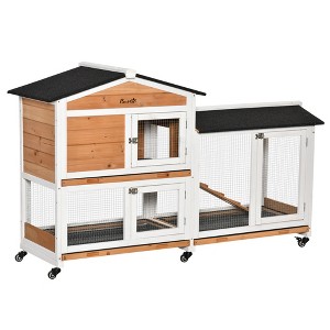 PawHut 62" Wooden Rabbit Hutch, Bunny Cage, Pet Playpen House with Wheels, Run Box, No Leak Tray, and Ramp, Small Animals, Indoor/Outdoor - 1 of 4