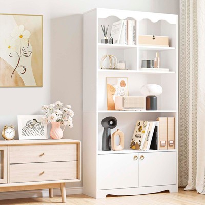 Tall Bookshelf, 63 Inch Wood Bookcase With 2 Cabinets, Shelves, 5-Tier Book Shelf Storage Organizer, Modern Freestanding Display Shelf Unit for