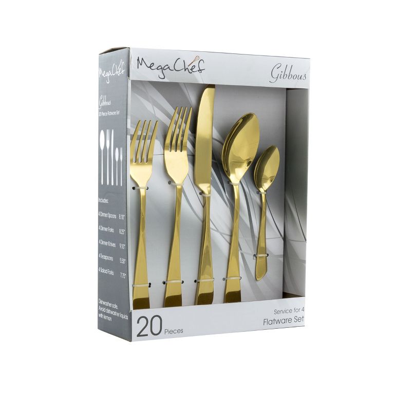 MegaChef Gibbous 20 Piece Flatware Utensil Set, Stainless Steel Silverware Metal Service for 4 in Gold, 1 of 8