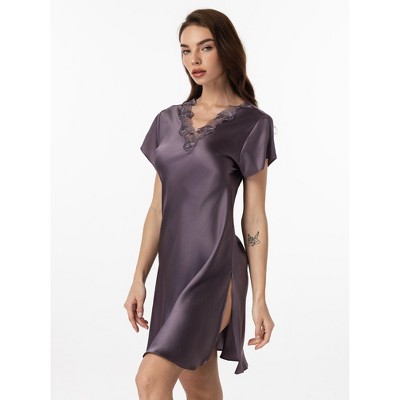 SilkSilky Women's Pure Silk Lace Neck Split Hem Nightgown