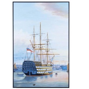 Old Modern Handicrafts “H.M.S. Victory Moored in Portsmouth” Oil Painting – Hand-Painted Naval Canvas Wall Art, 47x31 in - 1 of 4