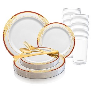 Smarty Had A Party White with Burgundy and Gold Harmony Rim Plastic Wedding Value Set (60 Settings) - 1 of 4