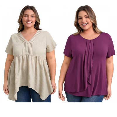 GRACE & GRANDEUR Women's Plus Size 2 Pcs Set Pleated Asymmetry Hem Tops and Texture Button Decor Blouses