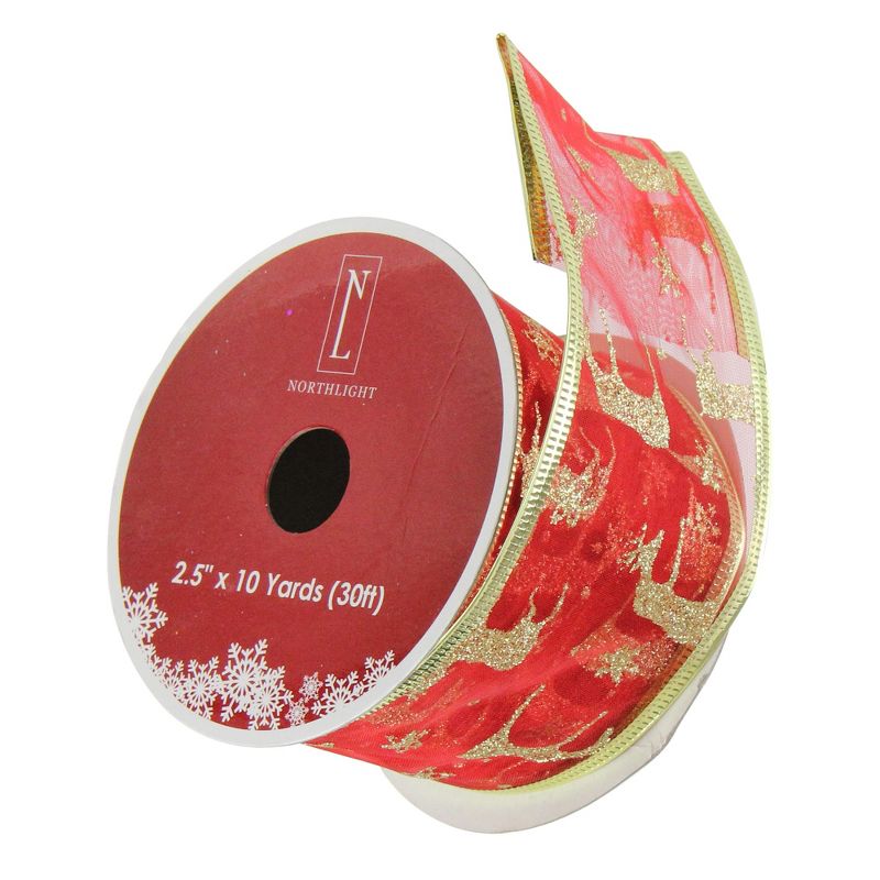 Northlight Club Pack of 12 Red and Gold Reindeer Wired Christmas Craft Ribbon 2.5" x 120 Yards, 3 of 4