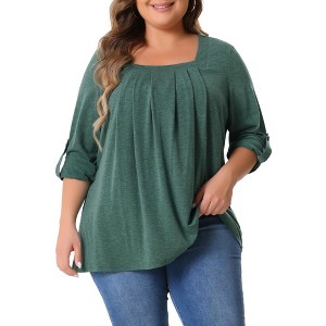 Agnes Orinda Women's Plus Size  Long Sleeve Button Square Neck Flowy Pleated Loose Tunic Blouse - 1 of 4