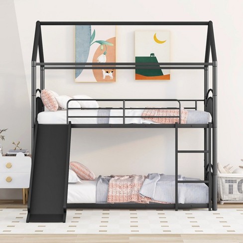 Kids Twin Over Twin Bunk Bed With Slide & Roof - Wooden House Style Bed Frame With Guardrails, No Box Spring Needed
