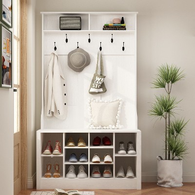 FUFU&GAGA White Wood 3-in-1 Hall Tree Entryway Cabinet Shoe Bench with Hooks and Shelves