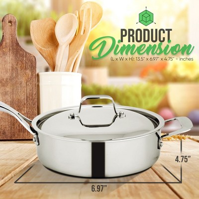 NutriChef 3.4-Quart Stainless Steel Sauté Pan with Lid