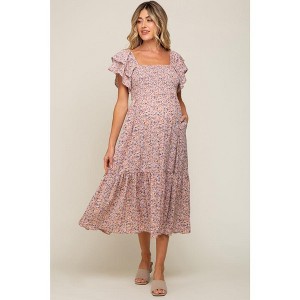 PinkBlush Light Pink Floral Flutter Maternity Midi Dress - 1 of 4