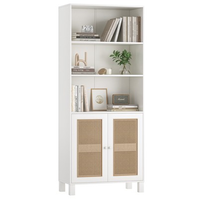 Grungis 5 Shelf Tall Bookshelf with Rattan Doors,Decorative Bookcase Display Shelves with Free Standing Design,Modern Bookshelf for Living Room