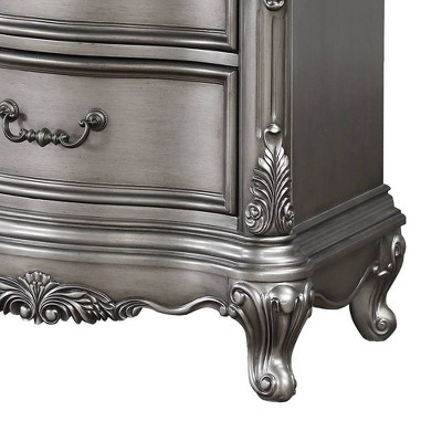 Antique Platinum 2-Drawer Nightstand with Intricate Carvings