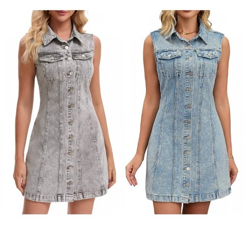 Женские платья INSPIRE CHIC Women's Denim Sleeveless Country Summer Collared Button Down Mini Jean Dresses Grey Blue Small 2 Packs Light Blue/Grey Large