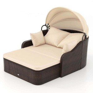 Costway Patio PE Rattan Daybed with Retractable Canopy Soft Cushions and Extra Pillows - 1 of 4