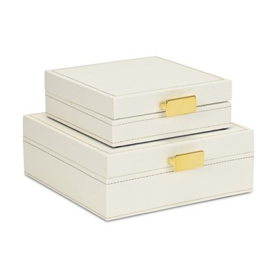 Cheung's Lithos Vintage Square Style Set of 2 Boxes with Stitched Accents & Gold Handles - White