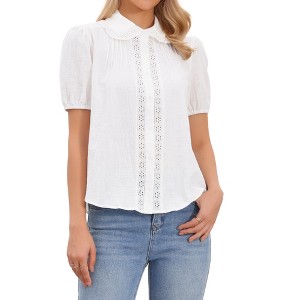 INSPIRE CHIC Women's Short Puff Sleeve Cotton Peter Pan Collar Button Up Crochet Panel Blouse - 1 of 4