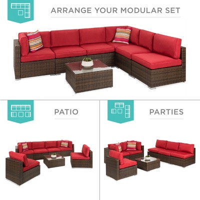 7-Piece Brown Wicker Outdoor Sectional Set with Red Cushions