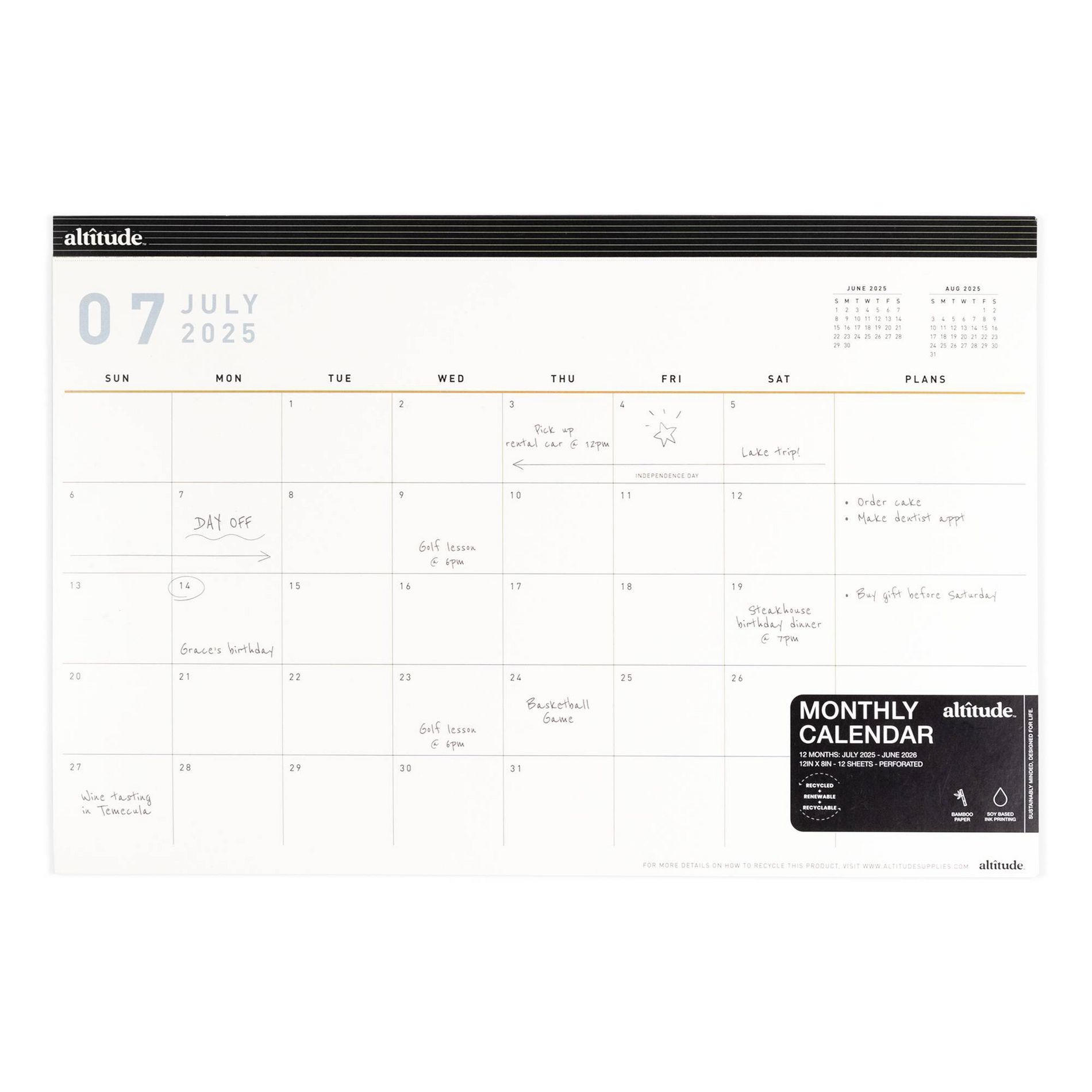 Altitude Supplies 12"x8" 2025-2026 Monthly Desk Pad Calendar, July 2025 to June 2026, Cream