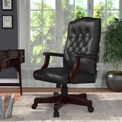 Classic Elegance High-Back Executive Chair in Black Leather and Mahogany
