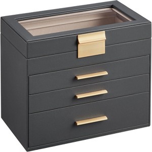 Glass Lid Jewelry Box 3 Layers 2 Drawers Modern White and Gold Finish Storage Organizer Display Case - 1 of 4