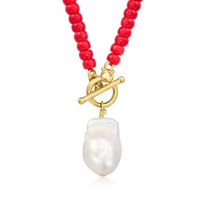 Ross-Simons 12-13mm Cultured Baroque Pearl and 5-5.5mm Red Coral Bead Toggle Necklace in 18kt Gold Over Sterling