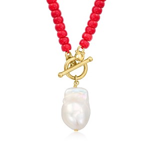 Ross-Simons 12-13mm Cultured Baroque Pearl and 5-5.5mm Red Coral Bead Toggle Necklace in 18kt Gold Over Sterling - 1 of 2