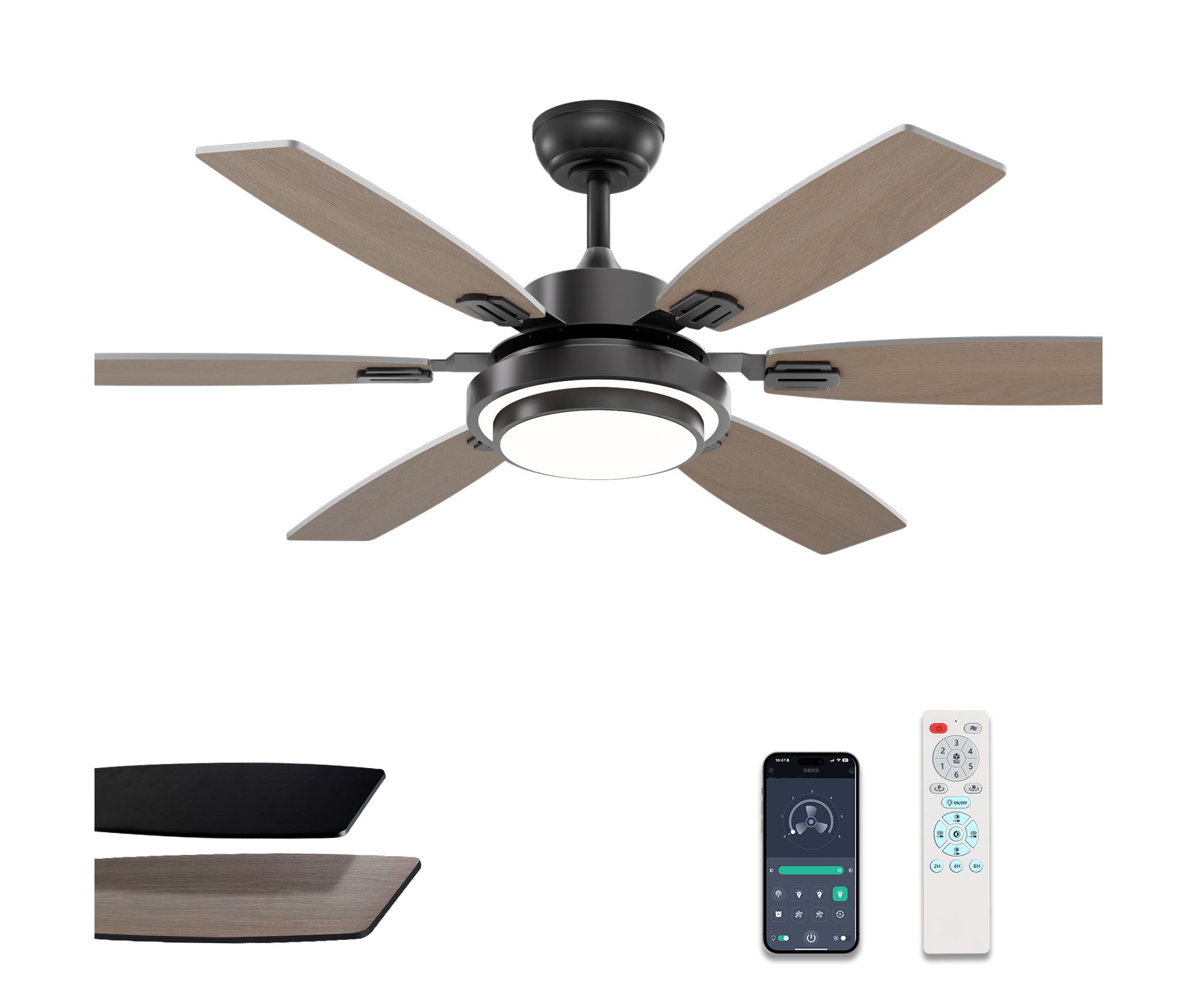 Siljoy 52-in Modern Ceiling Fan with Black or Oak Color Blades Ceiling Fan With Light - Remote Included