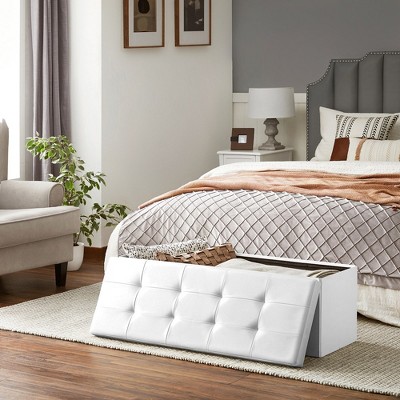 White 43" Faux Leather Folding Storage Ottoman Bench