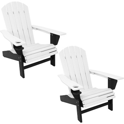 Sunnydaze Plastic All-Weather Heavy-Duty Outdoor Adirondack Chair with Drink Holder, White and Black, 2pk