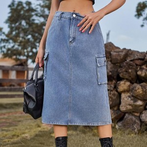 Coolmee Women Midi Skirt High Waist Cargo Skirt Button Front Zipper Denim Skirt with Pocket - 1 of 4