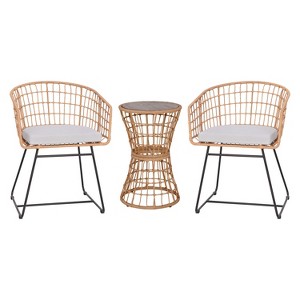 Emma and Oliver Three Piece All-Weather Rattan Rope Patio Set with Acacia Wood Top Side Table and Two Chairs with Cushions - 1 of 4