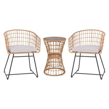 Emma and Oliver Three Piece All-Weather Rattan Rope Patio Set with Acacia Wood Top Side Table and Two Chairs with Cushions