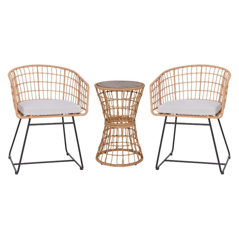 Emma and Oliver Three Piece All-Weather Rattan Rope Patio Set with Acacia Wood Top Side Table and Two Chairs with Cushions, 1 of 12