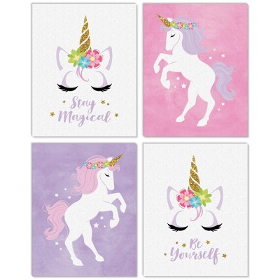 Big Dot of Happiness Rainbow Unicorn - Unframed Magical Unicorn Nursery and Kids Room Linen Paper Wall Art - 4 Ct Artisms 11 x 14 in