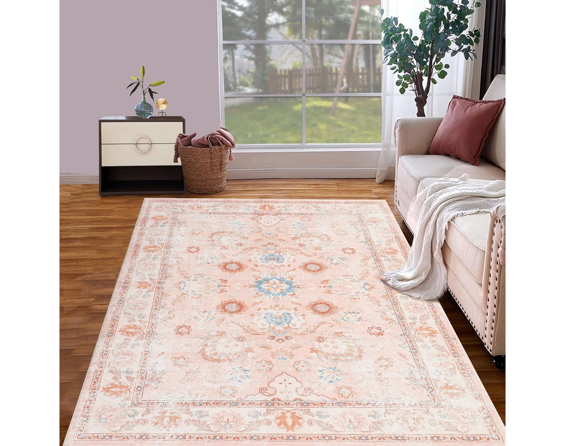 Garvee 10x13FT Washable Vintage Area Rug,Traditional Oriental Medallion Floral Rugs, Stain Resistant Print Carpet(Pink)
