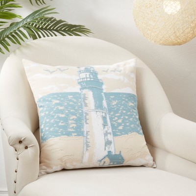 Blue Cotton Lighthouse Dreamscape Throw Pillow Cover, 20"x20"