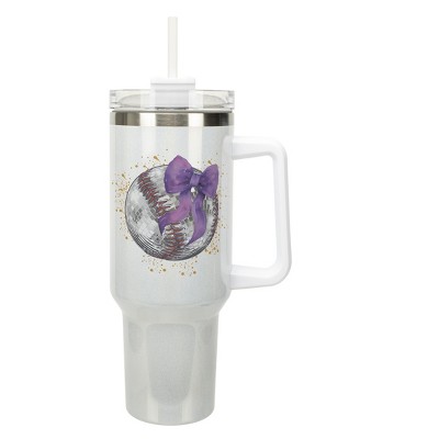 Elanze Designs 40 Ounce Stainless Steel Double Wall Insulated Glitter Travel Tumbler With Handle, Straw, and Lid, Baseball With Purple Bow White