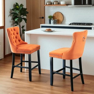 Mshliw Set of 2 Contemporary Velvet Upholstered Barstools with Tufted Back, Chrome Nailhead Trim and Solid Wood Legs for Kitchen and Home Bar - 1 of 4