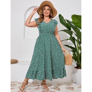 Womens Plus Size Casual Sleeveless Maxi Dress Ruffle Sleeve A Line Swing Summer Maxi Dress with Pockets - 1 of 4