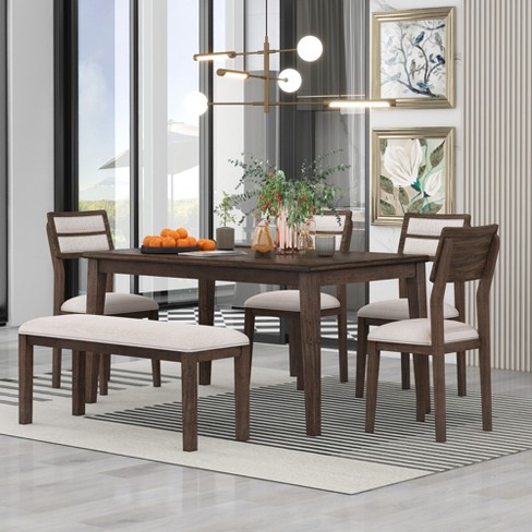 6 Pcs Classic Dining Table Set With 4 Upholstered Chairs & Bench ...