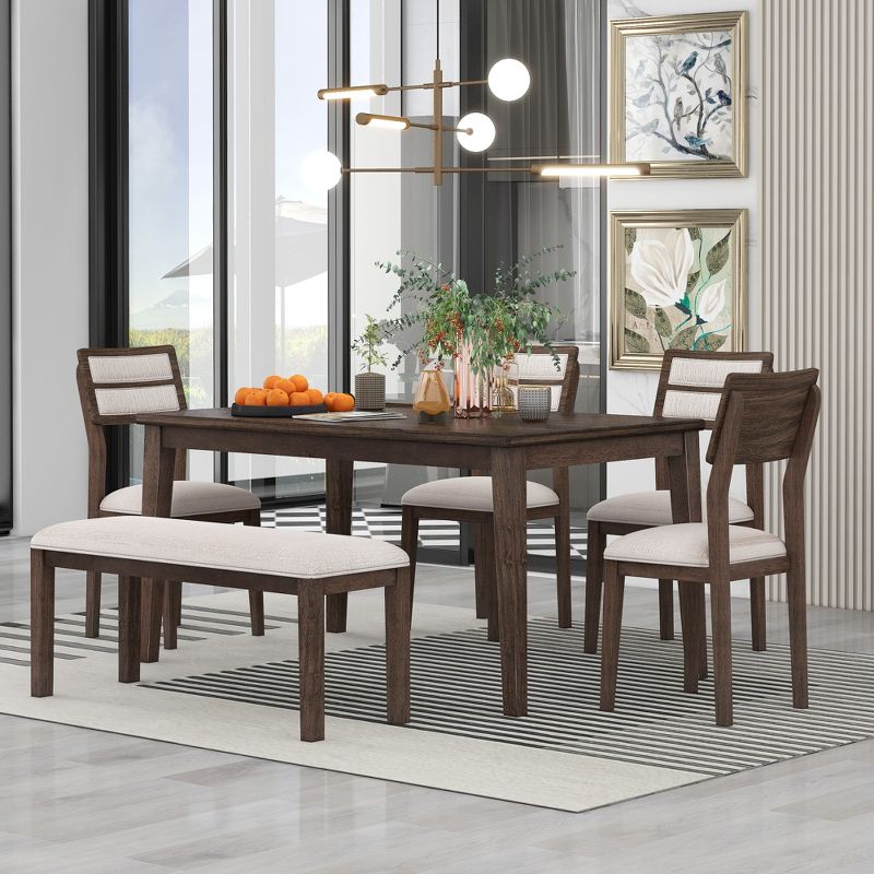 6 PCS Classic Dining Table Set with 4 Upholstered Chairs & Bench-ModernLuxe, 1 of 14