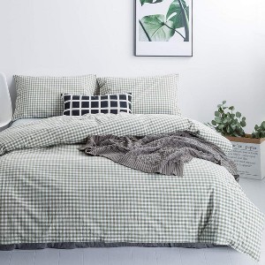 BAGOKIE 100% Washed Cotton Plaid Duvet Cover Set Queen/King Size Duvet Cover with 2 Pillowcases, Blue - 1 of 4