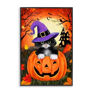 Stupell Industries Cat Peeking from Jack-o-Lantern Framed Giclee Art, Black, 16" x 24" - 1 of 4