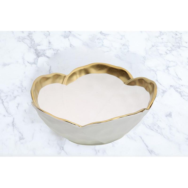 Classic Touch White Porcelain Flower Shaped Bowl with Gold Rim, 7"D, 3 of 4